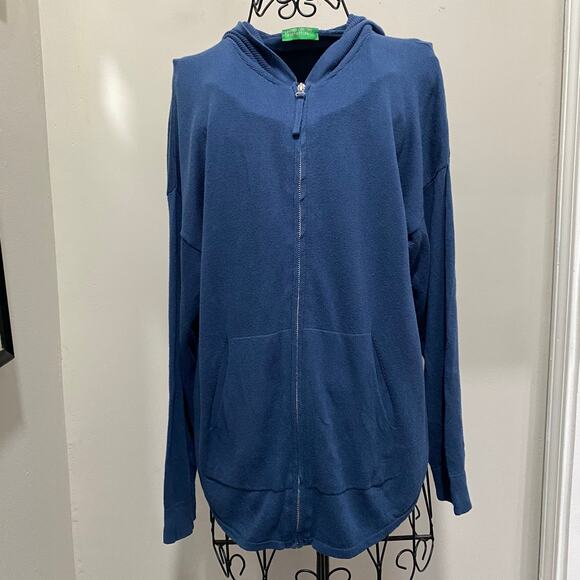 United Colors of Benetton Blue Zip Front Hoodie Size Medium Knitted Cotton Blend - Picture 1 of 8